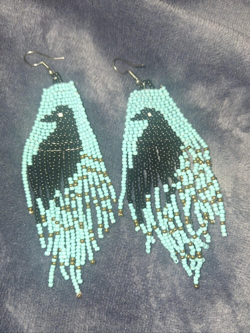 Handmade Black and Turquoise Beaded Raven Fringe Earrings